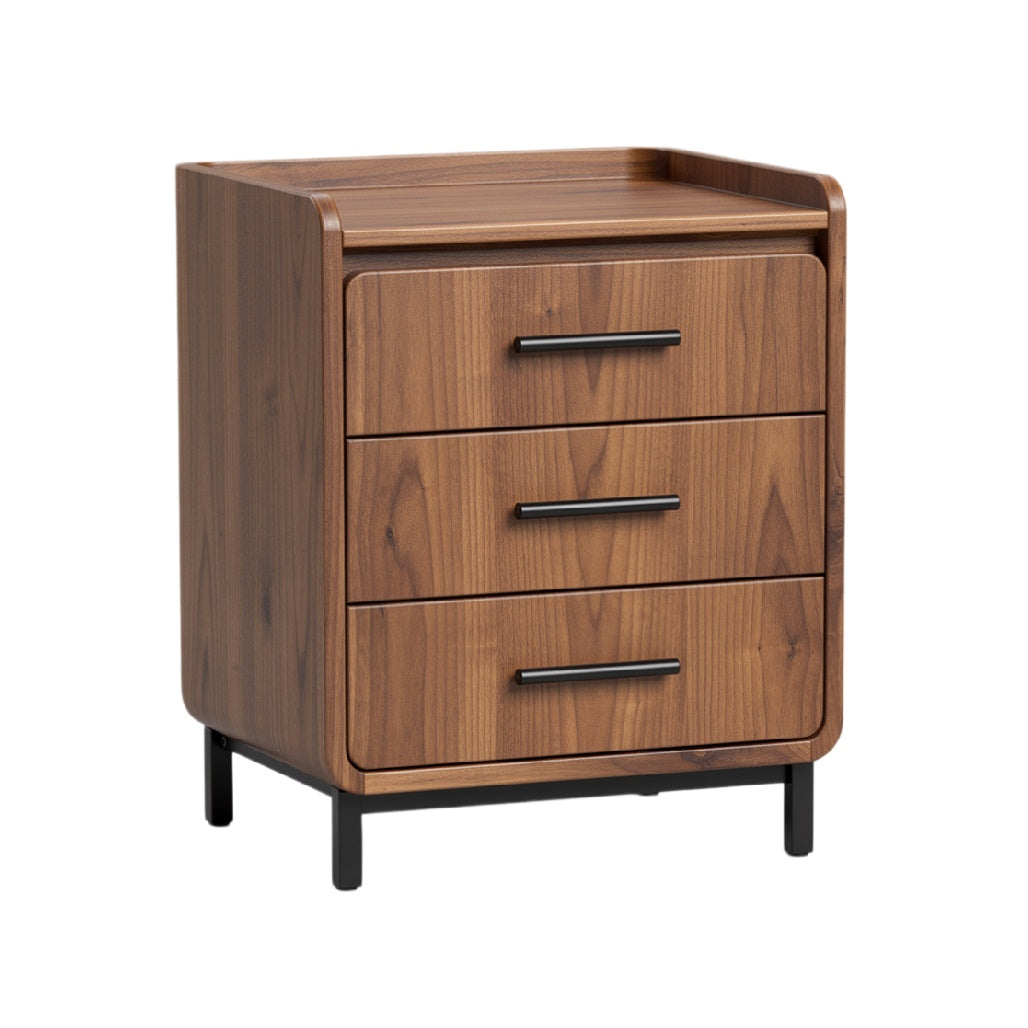 Modern Wooden Nightstand with Three Drawers and Metal Legs